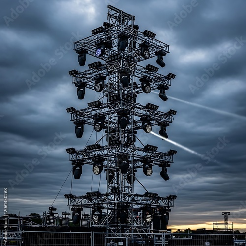 Complex metal radio transmission tower against cloudy sky.