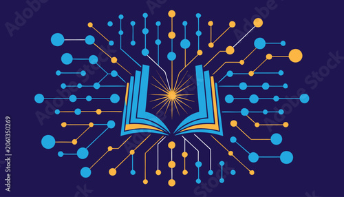 Digital book icon with circuit board lines and nodes, representing technology, education, and knowledge connectivity