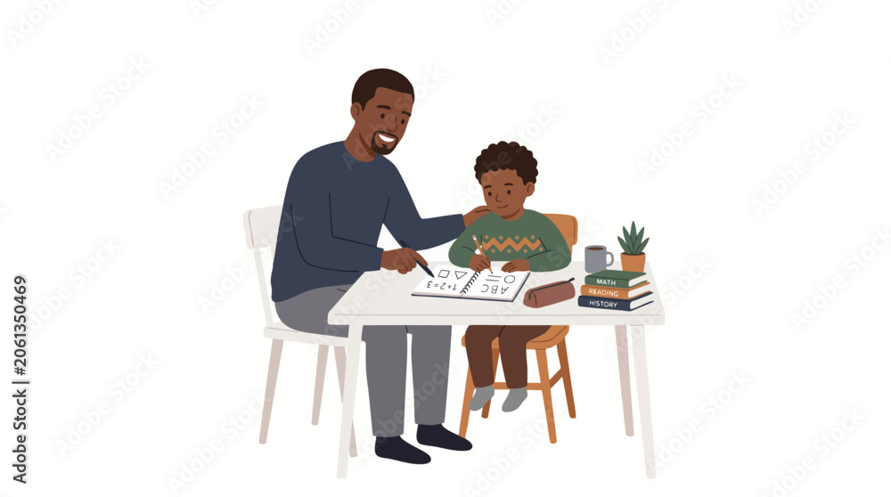 Fototapeta premium Minimalist 2d flat illustration style black parent checking homework with child, back to school