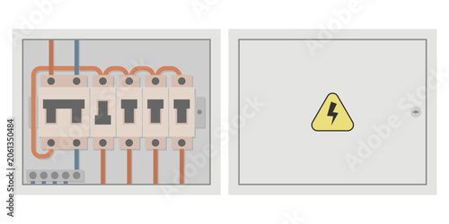 Modern minimalist electric fuse box power supply panel with safety switches. Technical graphic for home improvement content, electrical safety guides, industrial equipment documentation, infographics