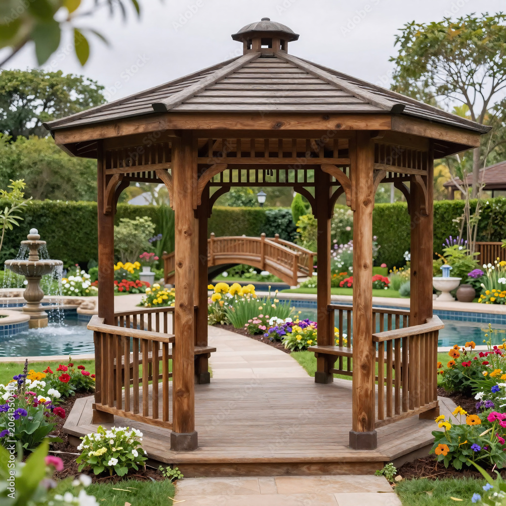 Fototapeta premium Art Deco Gazebo Japanese. Landscaped Garden With A Cedar Gazebo And Bridge Connecting Diverse Areas