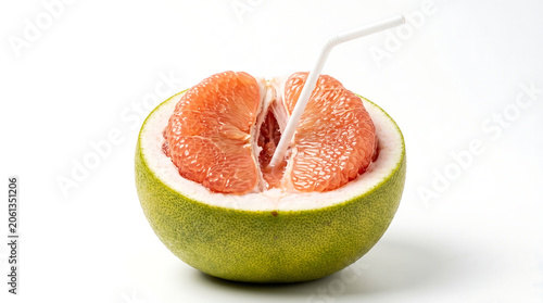 Fresh Pomelo Fruit Cut in Half with a White Straw for Refreshing Natural Juice Drink