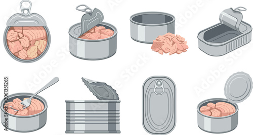 Canned Tuna and Fish Preserves Vector Set Featuring Open Metal Containers, Seafood Packaging, Processed Food Products, and Grocery Items