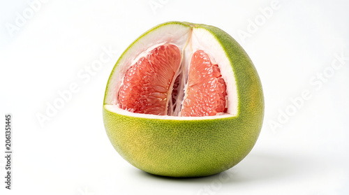 Large fresh red pomelo fruit sliced open showing juicy pulp and peel isolated on white background
