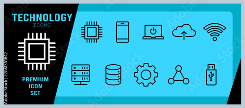 Set of technology line icons vector illustration of digital devices, computer hardware, network, and cloud computing symbols