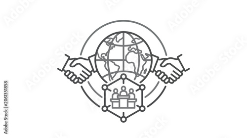International business meeting icon with globe and handshake.