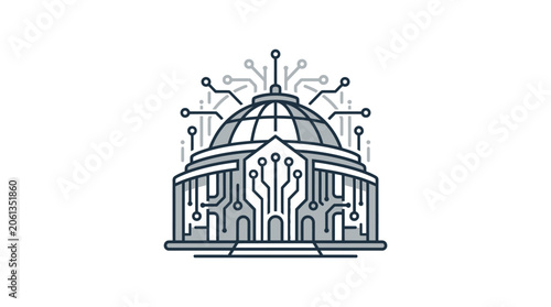 Digital government building icon with circuit board line patterns.