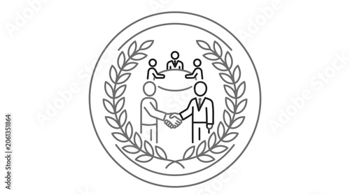 Corporate success emblem with handshake and laurel wreath.