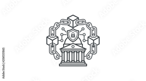 Government building protected by blockchain network and shield.