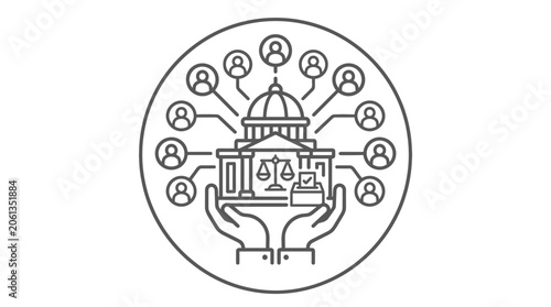 Hands holding government building connected to citizen network.