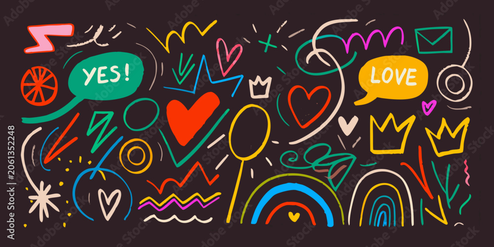 Fototapeta premium Colorful doodle assortment vector illustration with hearts speech bubbles and crowns