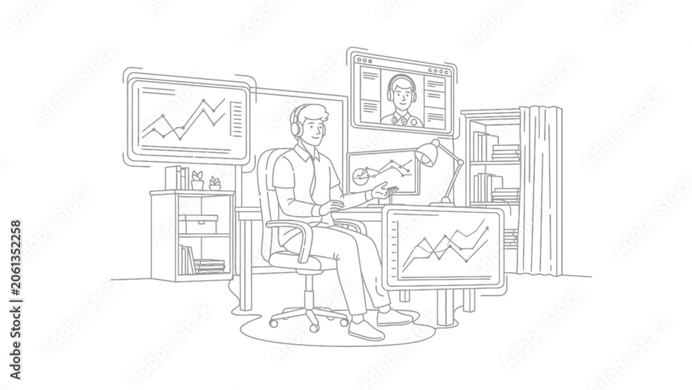 Obraz premium Line Art Illustration of a Professional Man Working in a Home Office with Multiple Monitors, Financial Charts, and Video Conferencing