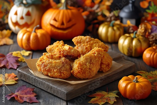 Crispy chicken wings with pumpkins and autumn leaves at Halloween