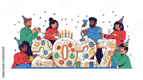Foto Happy New Year 2027: A diverse group of friends and family joyfully decorate the numbers 2027 with festive ornaments and lights, celebrating the upcoming year with anticipation and excitement