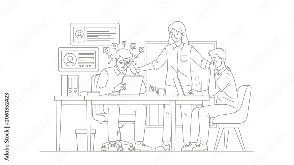 Fototapeta premium Stressed Employees and Supportive Manager Line Art Illustration