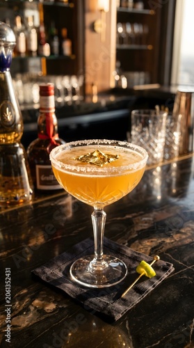 Golden cocktail with gold leaf garnish luxury drink on marble bar high end elegant setting
