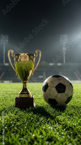 Golden Soccer Trophy and Ball Under Stadium Lights