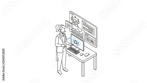 Isometric Line Art of Customer Support Representative with AI Chatbot Interface