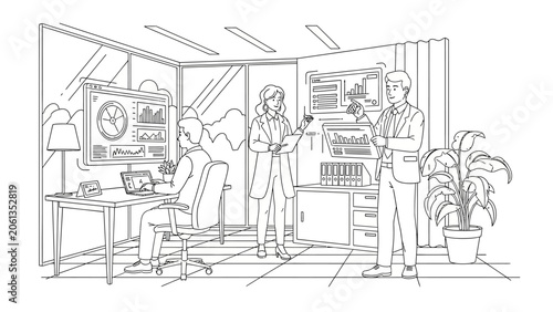 Business Data Analysis Team in Modern Office Line Art Illustration