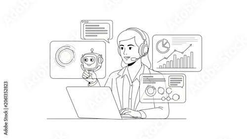 Female Customer Support Specialist with AI Chatbot and Data Analytics Line Art Illustration
