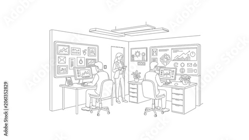 Modern Business Team Analyzing Data Line Art Illustration