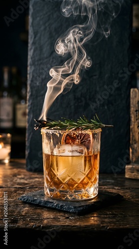 Smoky mezcal cocktail with rosemary garnish amber drink rustic bar counter warm atmosphere