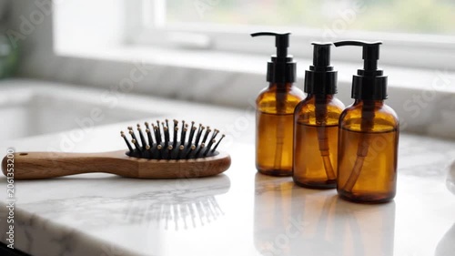 A woman's hand reaches for a wooden hairbrush next to three amber bottles with pump dispensers on a marble counter
