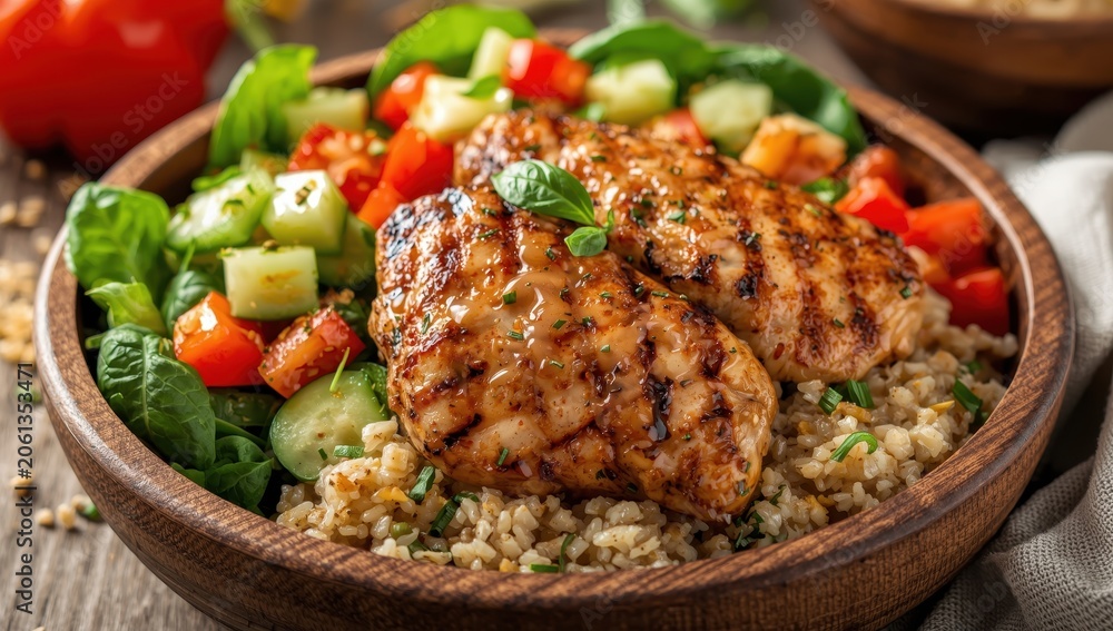 Fototapeta premium Quinoa salad with grilled chicken and vegetables on a plate.