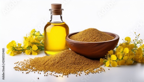 A Wooden Bowl Filled With Mustard Seeds And A Glass Bottle Of Golden Mustard Oil Accompanied By Bright Yellow Mustard Flowers On A White Background