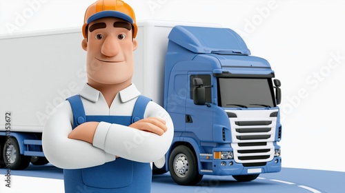 Personnage 3D de chauffeur routier souriant devant un camion bleu