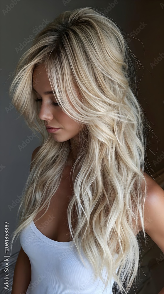 Naklejka premium Jeune femme aux longs cheveux blonds ondulés avec balayage naturel