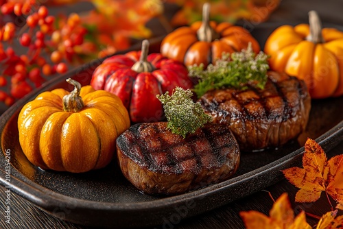 Fall gathering features grilled meat and pumpkins on a platter