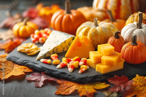 Fall snacks with pumpkins and cheese on a black board for Halloween