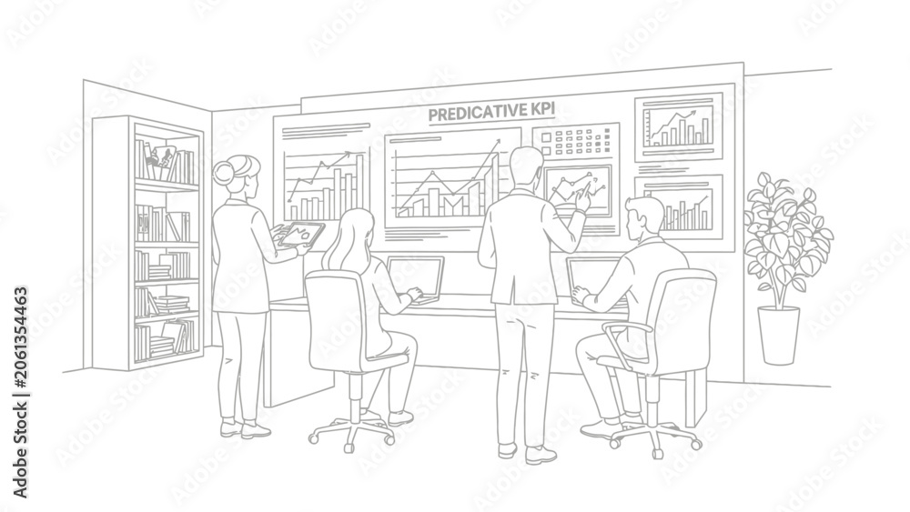 Obraz premium Business Team Analyzing Predictive KPI Dashboard Line Art Illustration