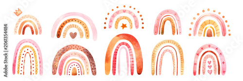 Watercolor boho rainbow set with hand painted arches in soft pastel colors, featuring hearts, stars and decorative details. Cute nursery collection for baby decor, kids room, greeting cards
