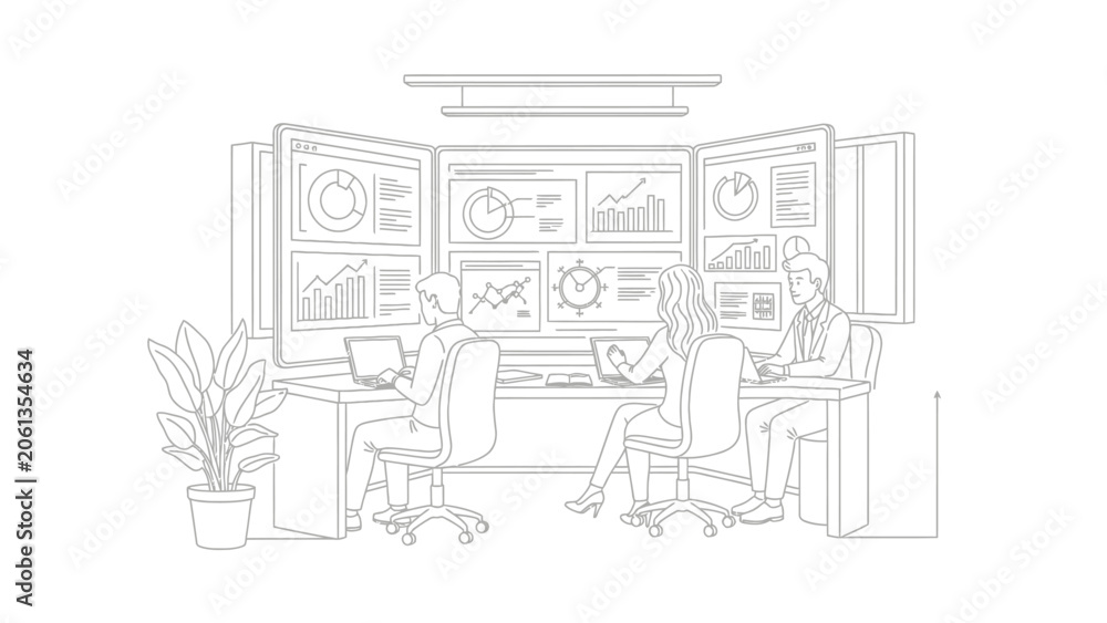 Obraz premium Business team analyzing data dashboards in modern office line art illustration