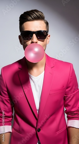 Confident businessman in pink shirt and glasses.