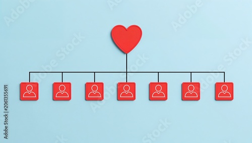 A red heart is at the top of a diagram with lines connecting it to seven red squares with person icons inside, representing a connected group or family