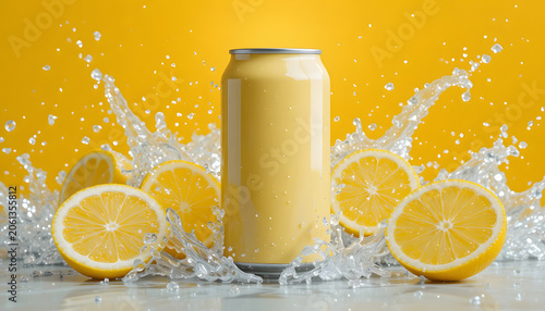Yellow soda can with lemons and water splashes on yellow background.