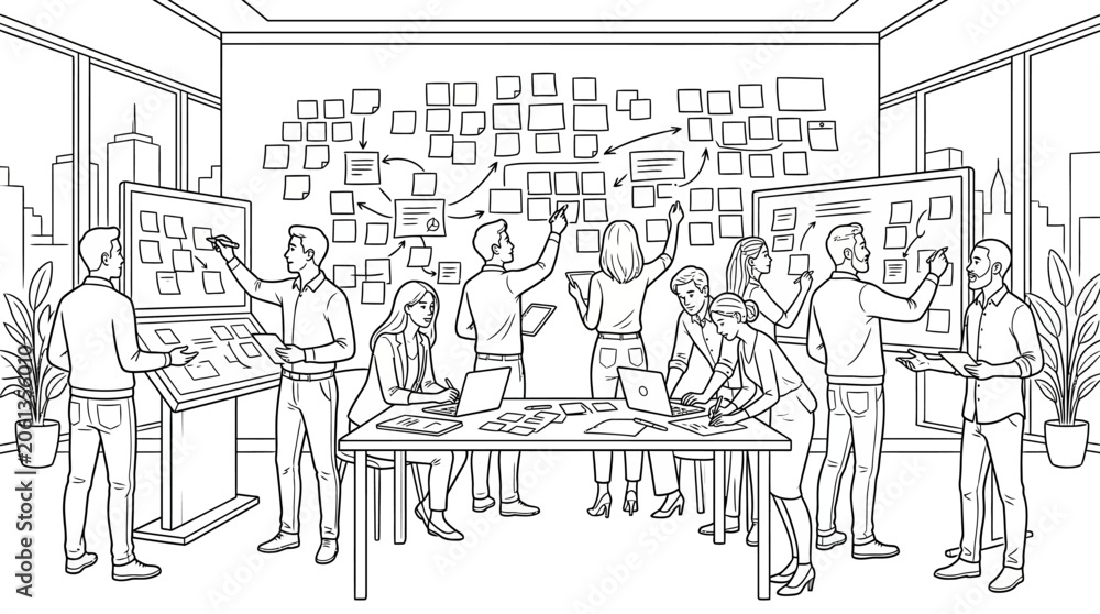 Obraz premium Business Team Brainstorming and Project Management Line Art Illustration