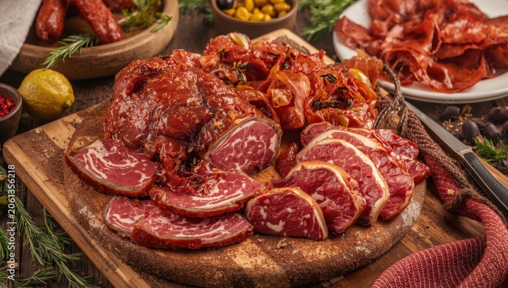 Obraz premium Sliced beef pastrami. Turkish bacon, kayseri pastirma.