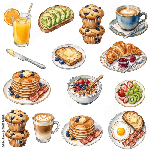 Collection of coffee with cakes pastries cookies and sweet desserts isolated on a white background
