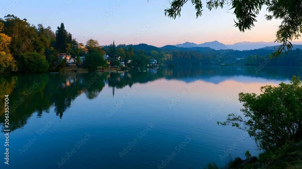 Obraz premium A picturesque scenic travel destination is illuminated by crisp evening light creating a relaxed and serene atmosphere