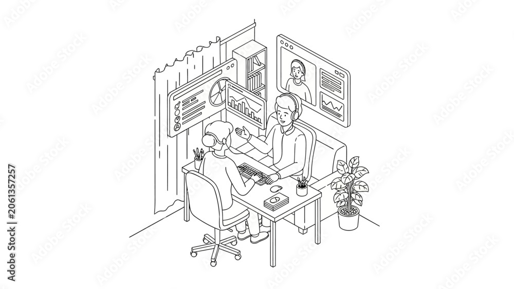 Obraz premium Customer Service and Data Analysis Isometric Line Art Illustration