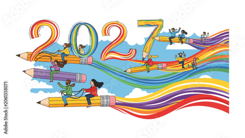 Fotografie Creative Journey to 2027: Children embark on a colorful, imaginative adventure, riding giant pencils into the future year 2027, with vibrant streams of color trailing behind them