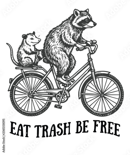 Fotografía Eat Trash Be Free Quote, Funny Raccoon and Opossum Riding a Bicycle