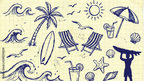 Beach Scene Illustration With Waves, Palm Tree, And Beach Chairs