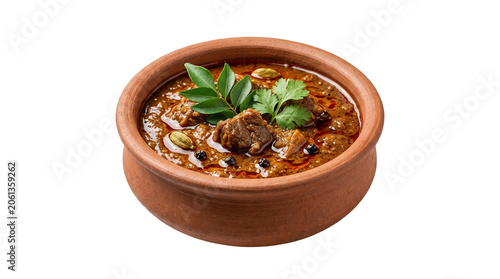 Rich indian meat curry served in a traditional clay bowl with traditional delicious restaurant
