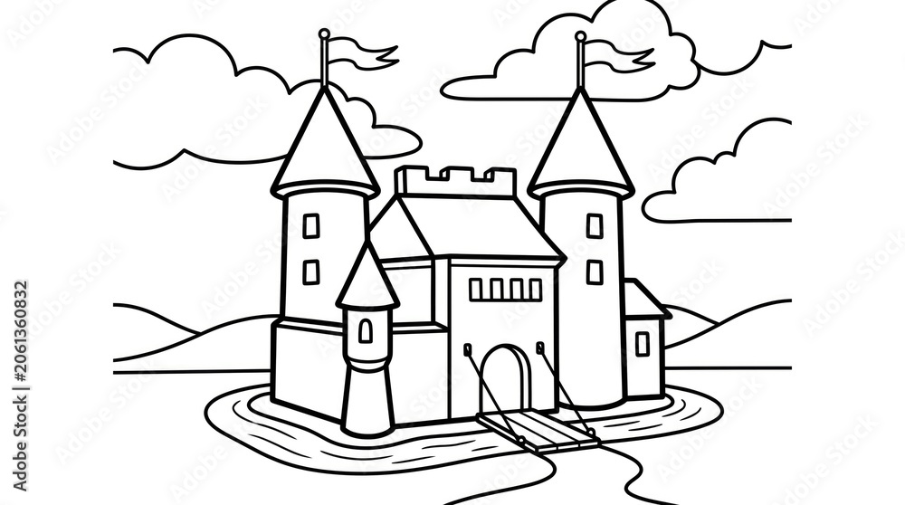 Fototapeta premium Castle coloring page detailed illustration for kids and adults fantasy silhouette