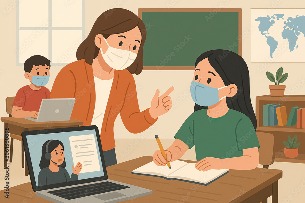 Obraz premium The concept of online learning, children wearing masks at school, or teacher and student interactions.